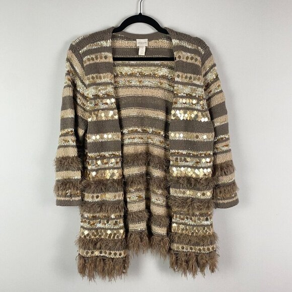 Chicos Embellished Shine Greta Cardigan Size 2 US L Stripe 3/4 Sleeves Open - Picture 1 of 11